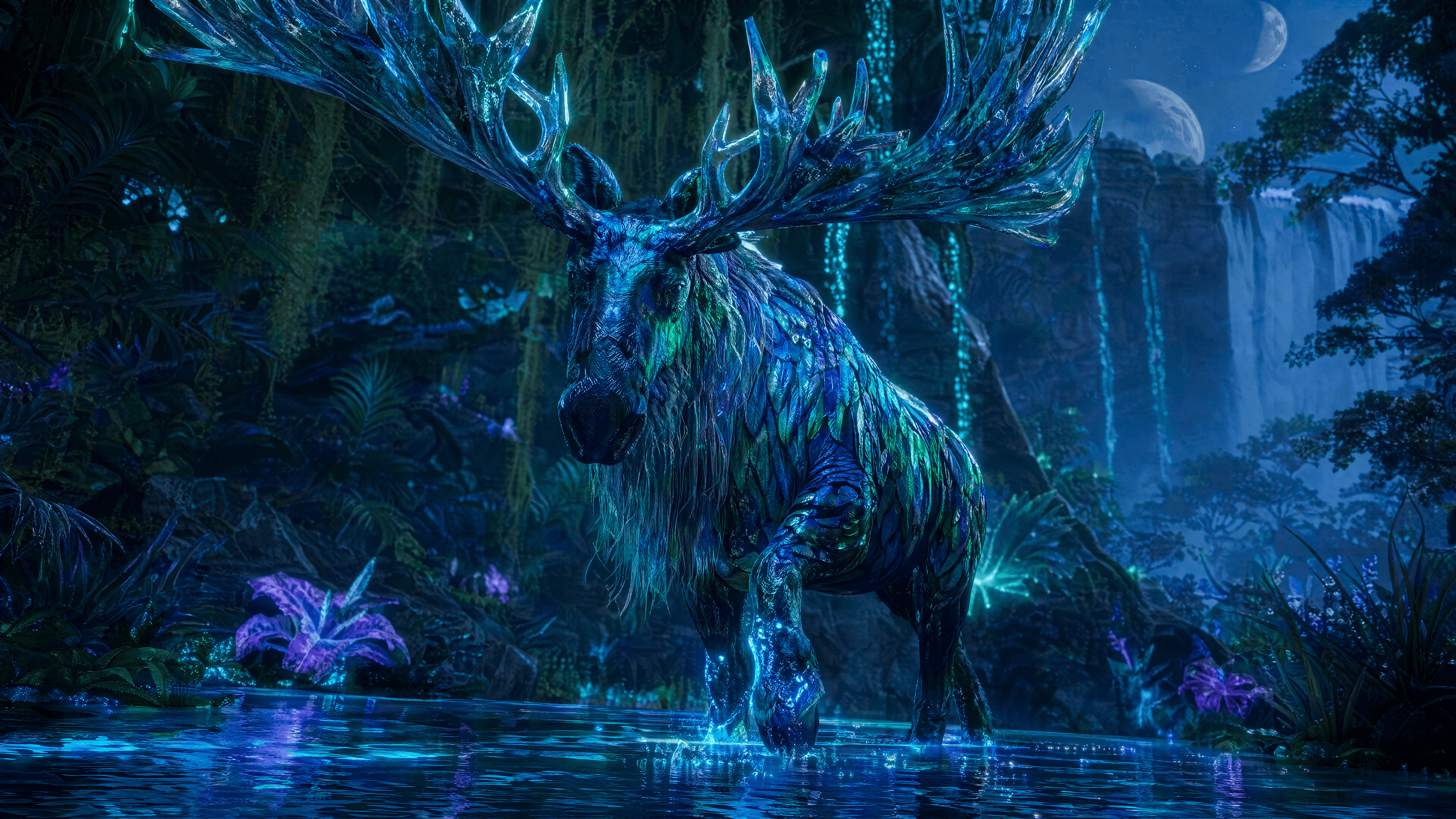 A digital rendering of a large moose with massive, glowing blue crystal antlers stepping through a shallow river. The moose's body has metallic green and blue scales. The background features a dark jungle with glowing flora, two moons, and a waterfall, generated by GPT Image 2 High at 3840x2160 resolution.