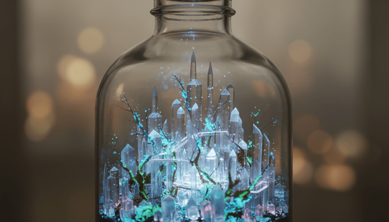 A close-up shot of a miniature city made of glowing, translucent crystals inside a clear glass bottle. Bioluminescent blue and green light emanates from the structures and moss at the base. Generated by the Nano Banana model at 1344x768 resolution against a warm, out-of-focus background.