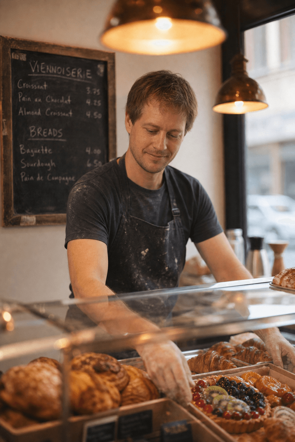 A bakery owner arranges pastries behind a glass case, a chalk menu board behind.