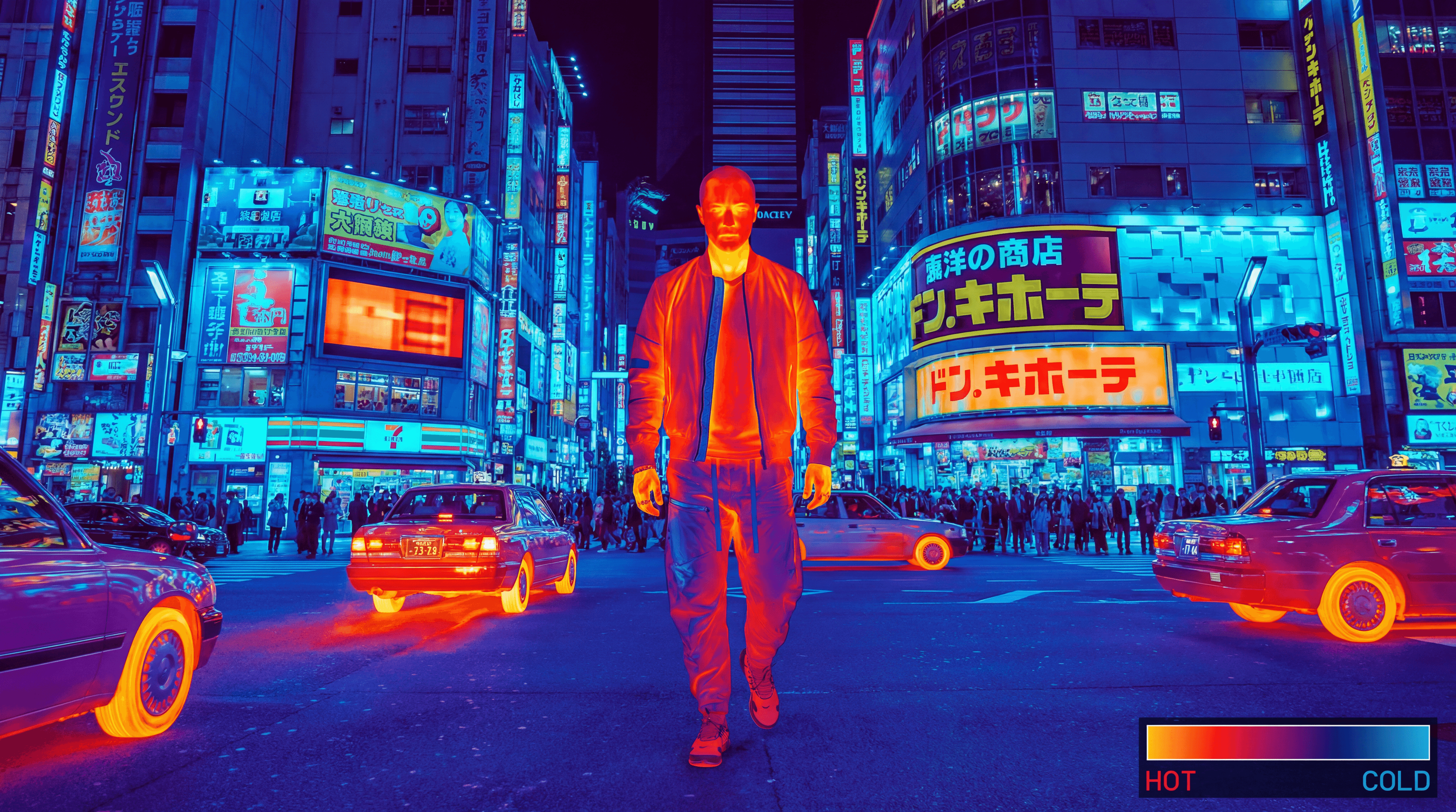 A high-resolution 5504x3072 image generated by Nano Banana Pro showing a man walking down a Tokyo street. The entire scene is rendered in a thermal imaging style, with the central figure and car tires glowing in hot orange, while the surrounding buildings appear in cold blue.