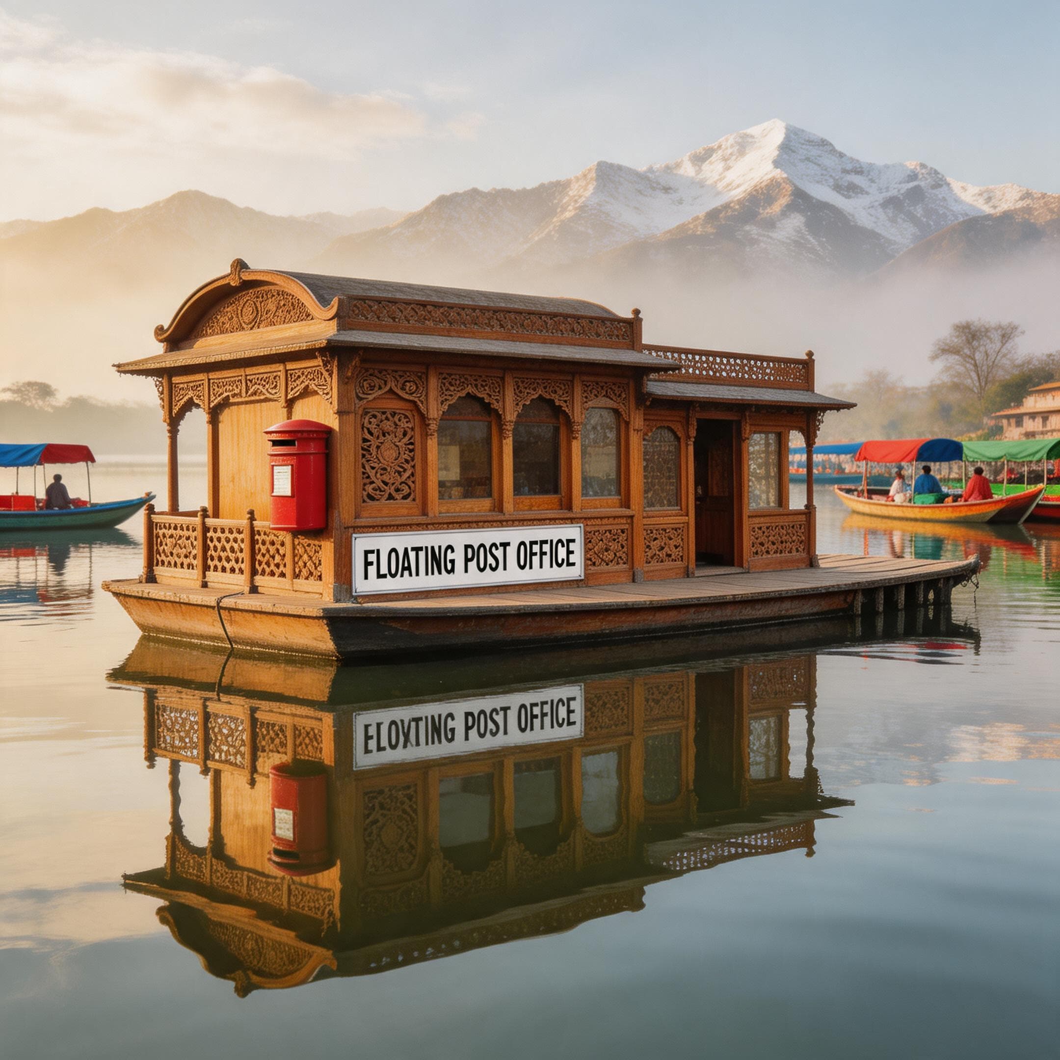 A square digital image generated by Seedream 5.0 Lite at 2160x2160 resolution. It shows an intricate wooden houseboat labeled Floating Post Office resting on a calm lake. A red mailbox sits on the deck, reflecting perfectly in the still water below, with snow-capped mountains in the hazy background.