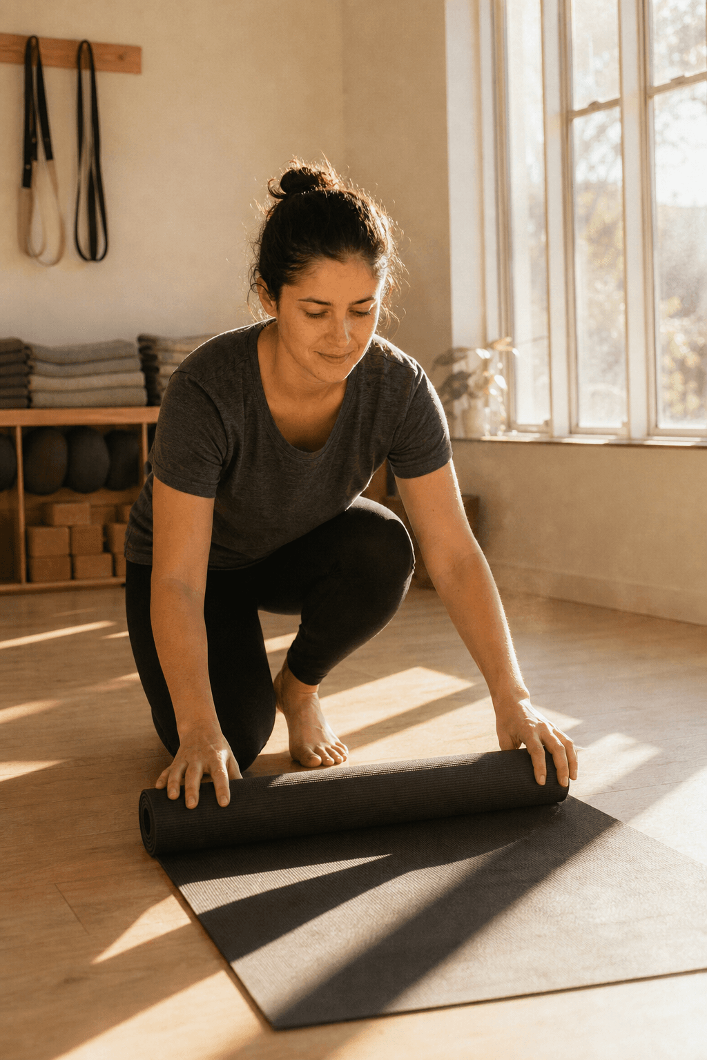 A yoga studio owner kneels to roll out a mat in a sunlit, plant-filled studio.