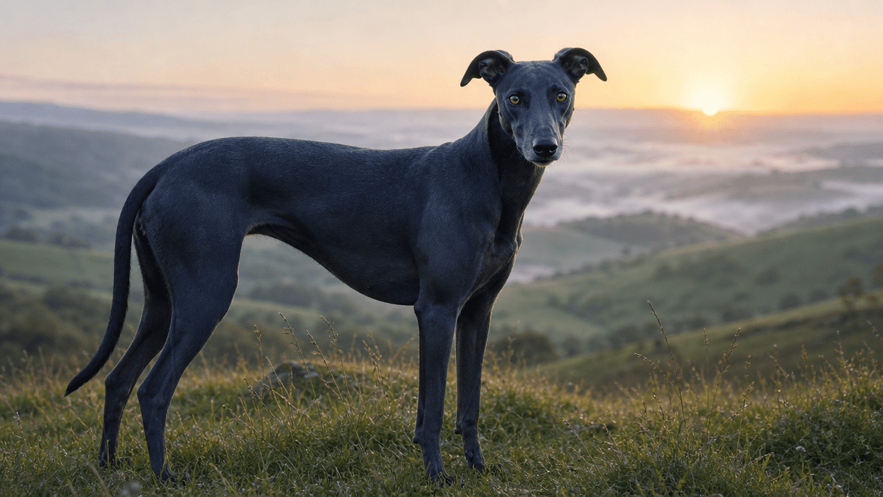 A sleek, dark grey whippet stands alert on a grassy hilltop, facing the camera. The background features rolling green hills shrouded in morning mist under a soft sunrise. This horizontal 1280x720 image-to-image generation was created using the GPT Image 2 Medium model.