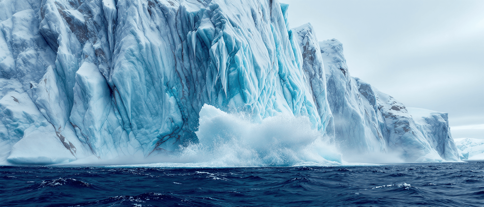 A wide-angle, 21:9 aspect ratio image showing a massive, blue-tinted iceberg calving into a dark ocean. A huge splash of white water and ice rises at the base of the towering glacial wall. This text-to-image generation was created at 1568x672 resolution using the Flux Kontext Pro model.