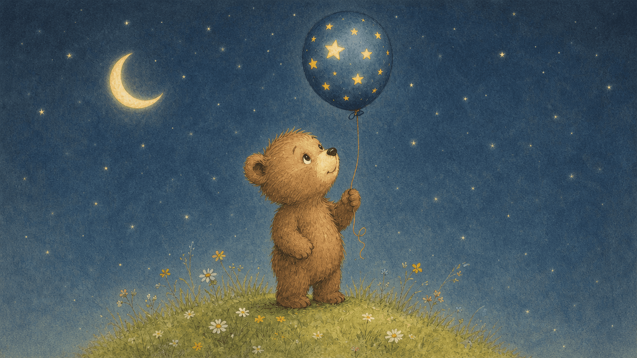 A whimsical digital illustration of a small, fluffy brown teddy bear standing on a grassy hill under a starry night sky. The bear holds a dark blue balloon covered in yellow stars. A crescent moon glows in the background. Generated using GPT Image 2 Medium at 1280x720 resolution via an image-to-image process.