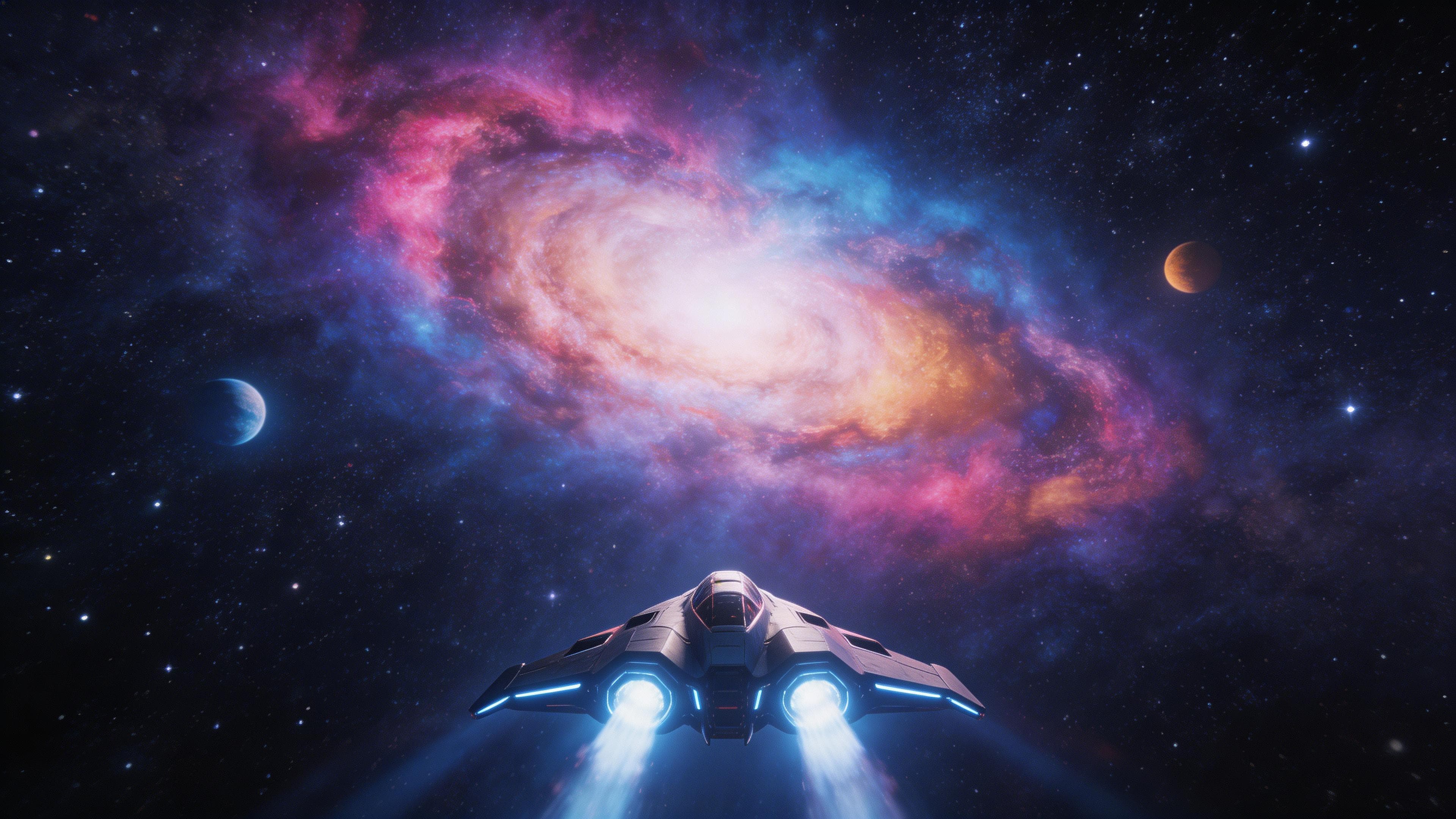A high-resolution 3840x2160 digital image of a sleek spaceship flying towards a massive, colorful spiral nebula in deep space, generated using Seedream 5.0 Lite. The ship is centered in the lower third with glowing blue engines, flanked by two distant planets amidst a field of stars.