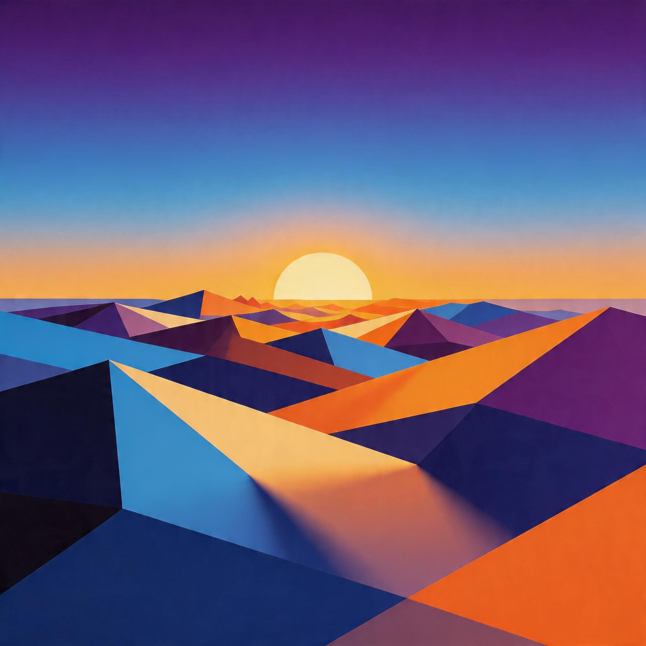A square-format, abstract geometric landscape at sunset, generated by Seedream 5.0 Lite at 2160x2160 resolution. Sharp, angular polygonal shapes representing desert dunes are colored in shades of blue, orange, and purple, leading to a bright yellow sun setting on the horizon under a gradient sky.