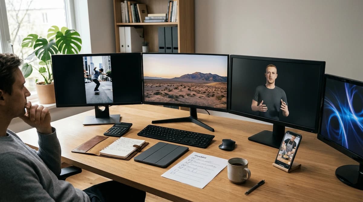 Professional reviewing content on multiple monitors while comparing the best AI video generators for video creation, editing, and avatar-based production.