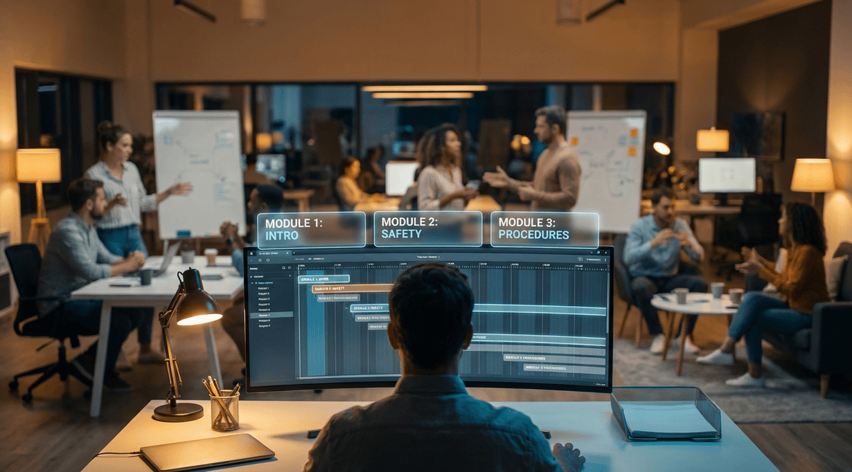 An L&D professional learning how to create training videos, editing a video timeline with modules labeled Intro, Safety, and Procedures on a dual monitor setup while team members collaborate in the background.