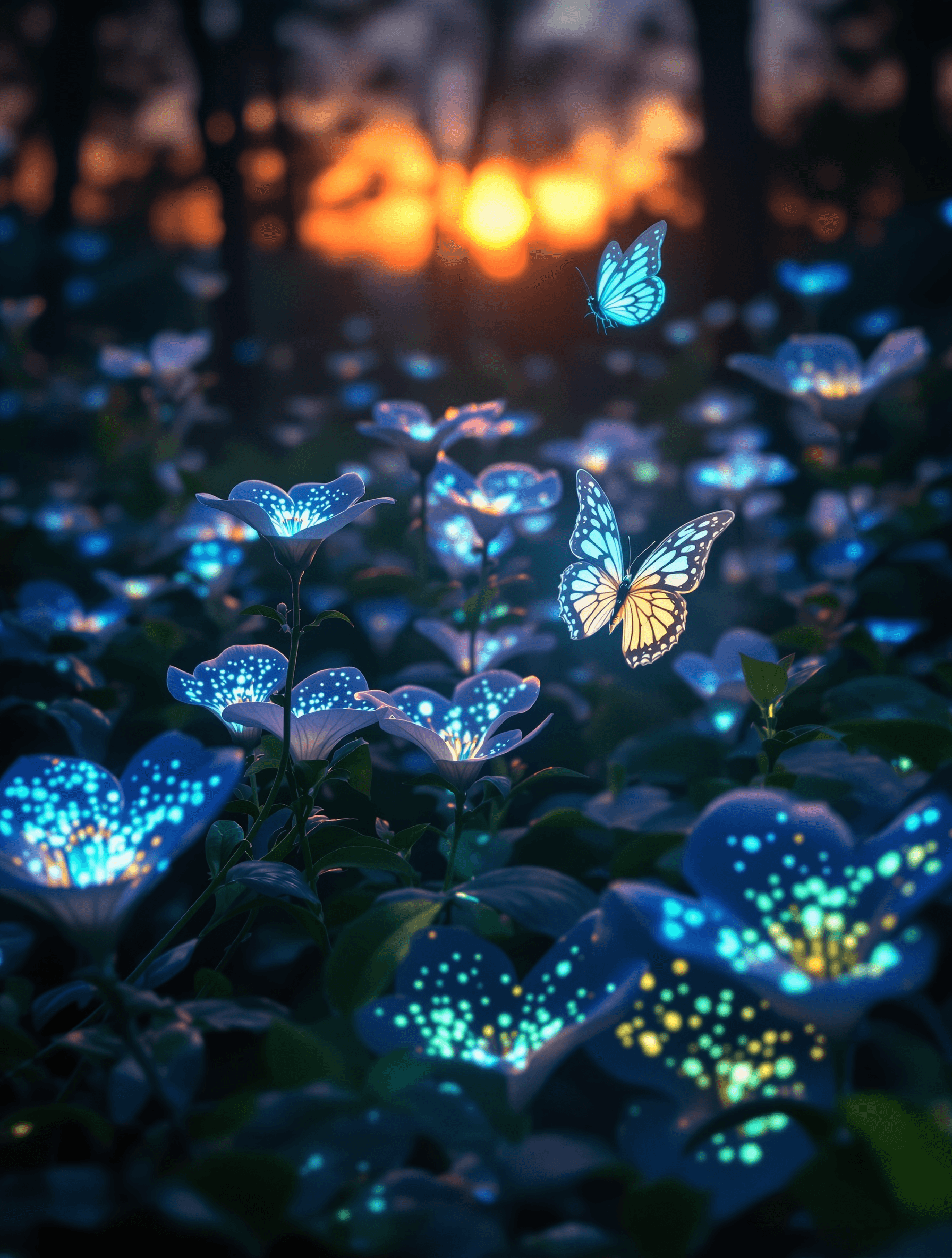 A close-up shot of bioluminescent blue flowers glowing with bright cyan speckles in a dark forest. Two glowing butterflies hover among the blossoms. In the background, a warm orange sunset filters through blurred trees. This vertical 1792x2368 resolution image was generated using the Flux 1.1 Ultra model.