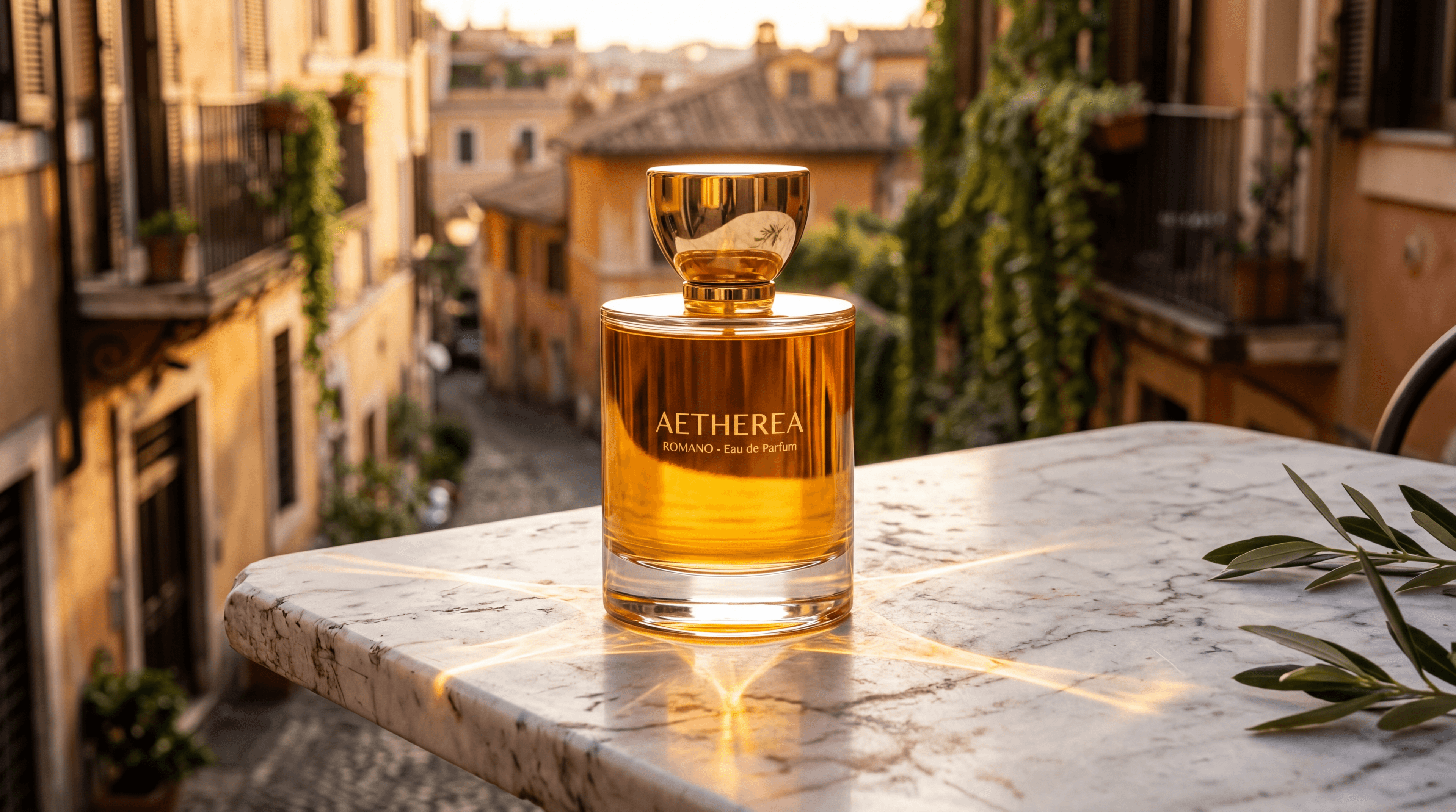 A high-resolution 5504x3072 image generated by the Nano Banana 2 model. It shows a clear glass perfume bottle labeled AETHEREA Romano filled with amber liquid, topped with a gold cap. The bottle sits on a white marble table in the warm sunlight, with a blurred historic Italian street in the background.