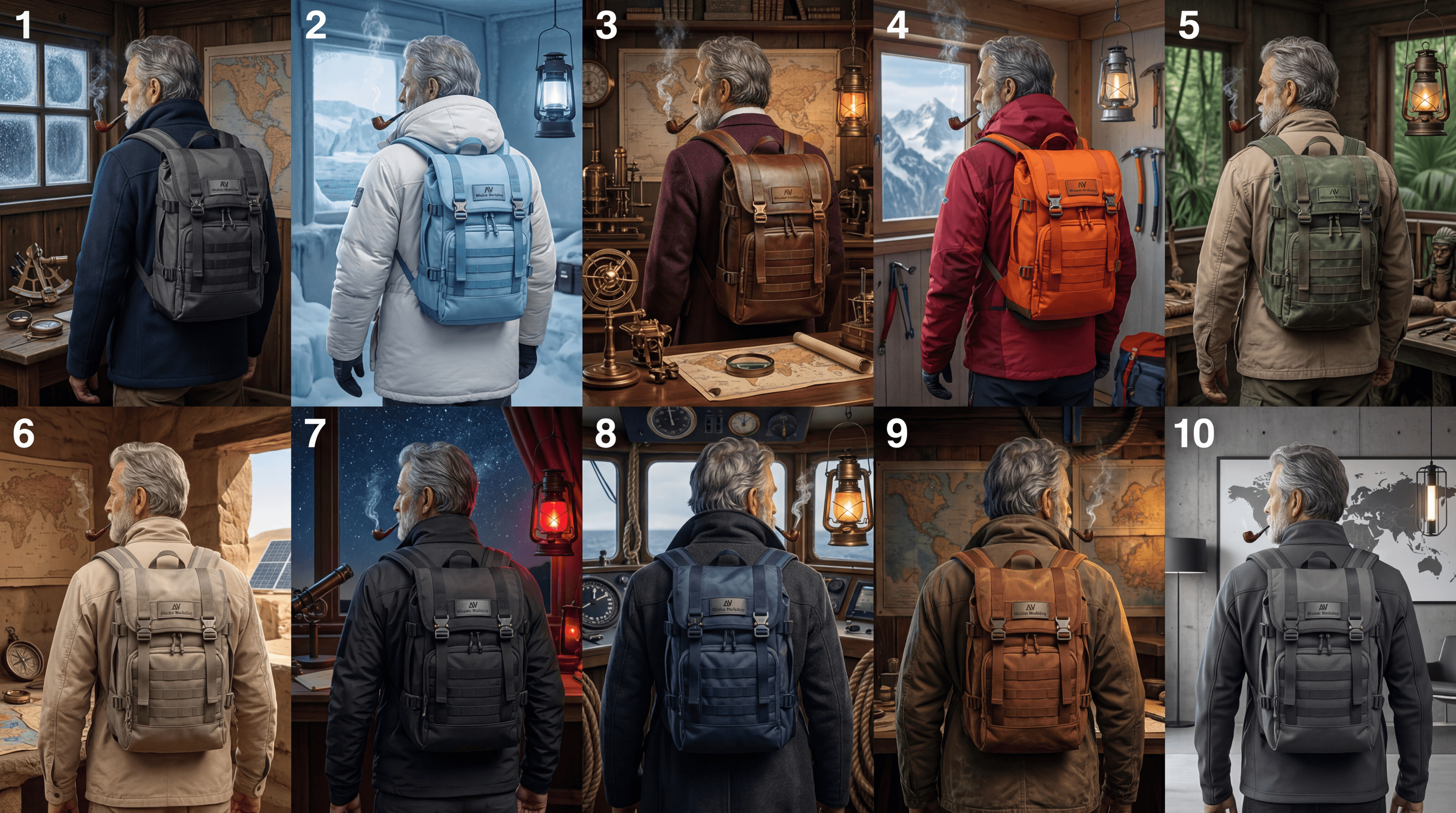 A grid of ten numbered images showing a grey-haired man from behind. In each panel, he wears a different colored tactical backpack and jacket, set in various environments like a snowy cabin, a study, or a desert. Generated using Nano Banana 2 at 5504x3072 resolution.