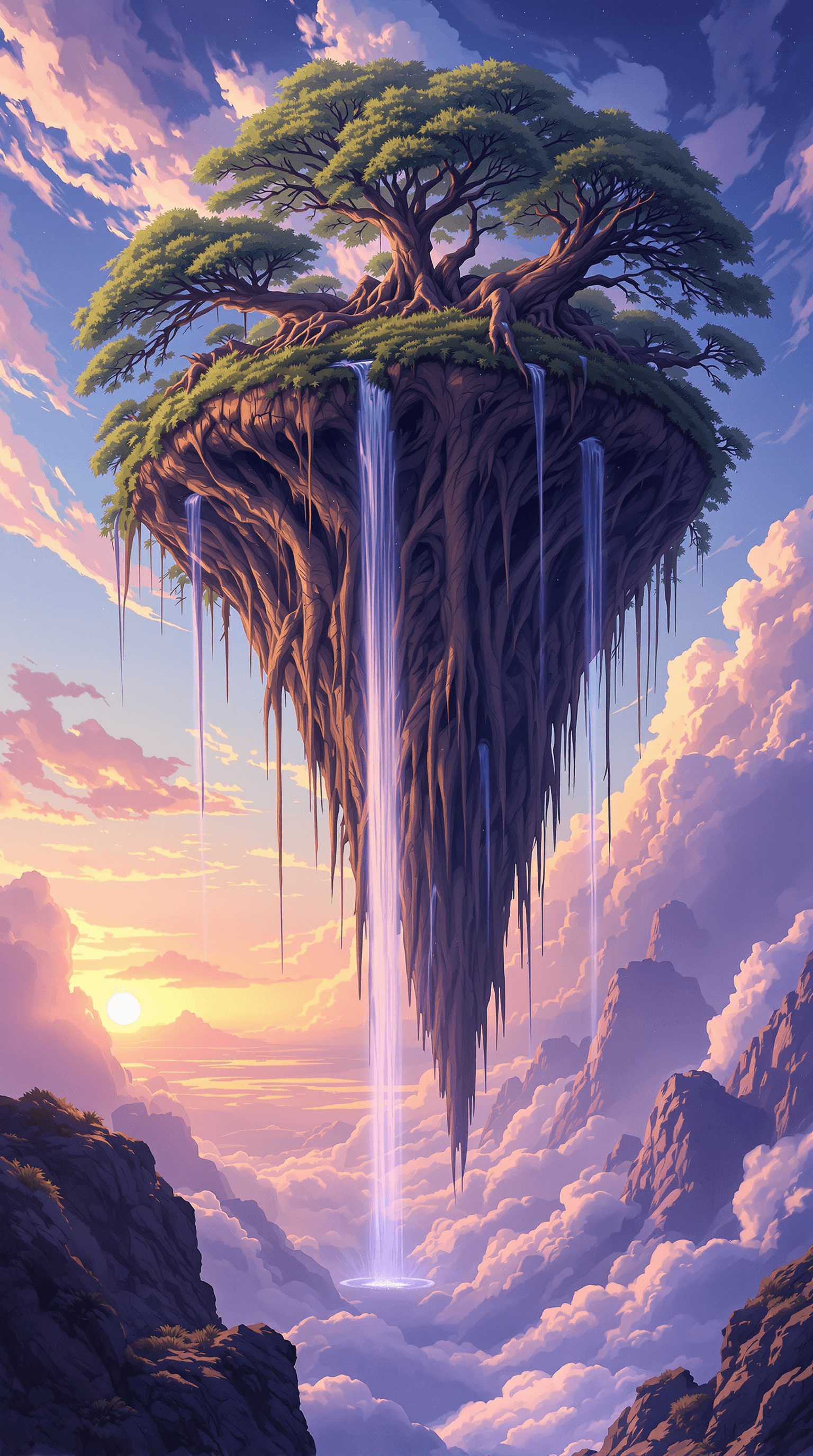 A vertical digital illustration of a floating island suspended in a sky filled with soft clouds at sunset, generated by Flux 1.1 Ultra at 1536x2752 resolution. Lush green trees sit atop the island, while long roots taper to a point below, with multiple waterfalls cascading down into the valley.