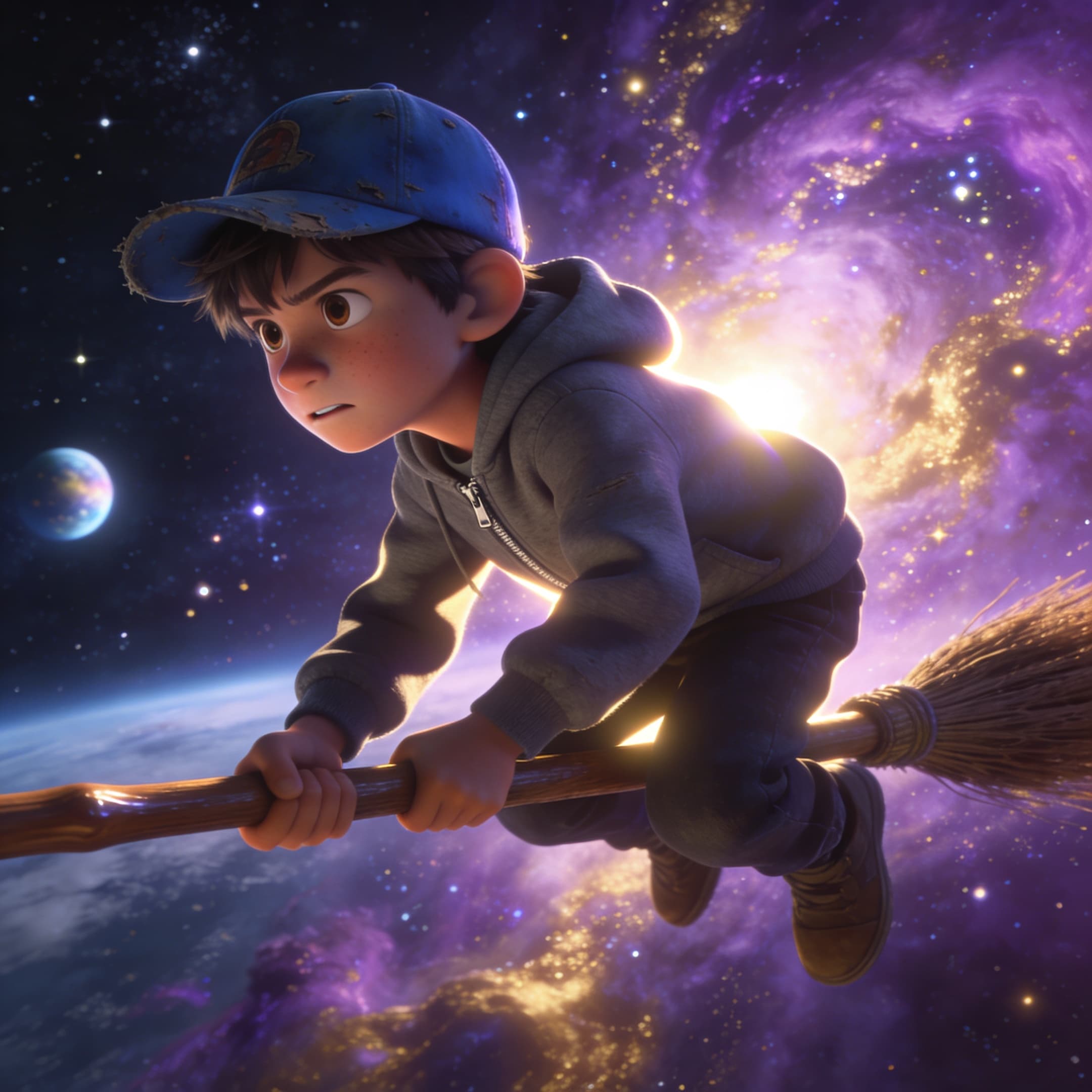 A digital illustration of a young boy in a blue baseball cap and grey hoodie riding a wooden broomstick through outer space. He has a determined look. Behind him is a vibrant purple and orange nebula, stars, and a distant planet. Generated with Seedream 4.5 at 2160x2160 resolution.
