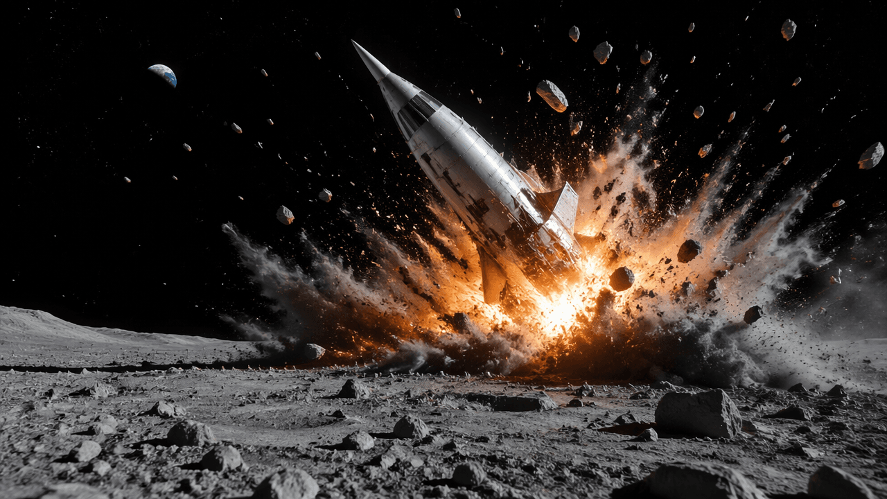 A wide-angle image showing a retro-futuristic silver rocket ship crashing onto the rocky surface of the moon. A bright orange and white explosion erupts at the impact site, scattering dust and debris into space. The Earth appears in the distant black background. Generated with GPT Image 2 Low at 1280x720 resolution.